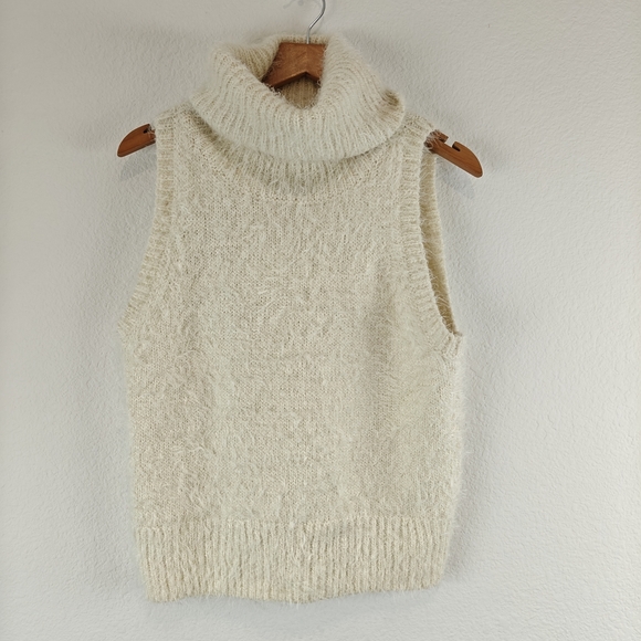 Show Me Your MuMu Fauna Tank Fuzzy Cream Knit Wool Blend Sleeveless Turtleneck M - Picture 3 of 13